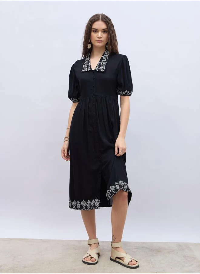 ستايلي Styli Embroidered V Neck Puff Sleeves A-Line Midi Dress