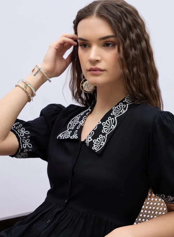Styli Styli Embroidered V Neck Puff Sleeves A-Line Midi Dress