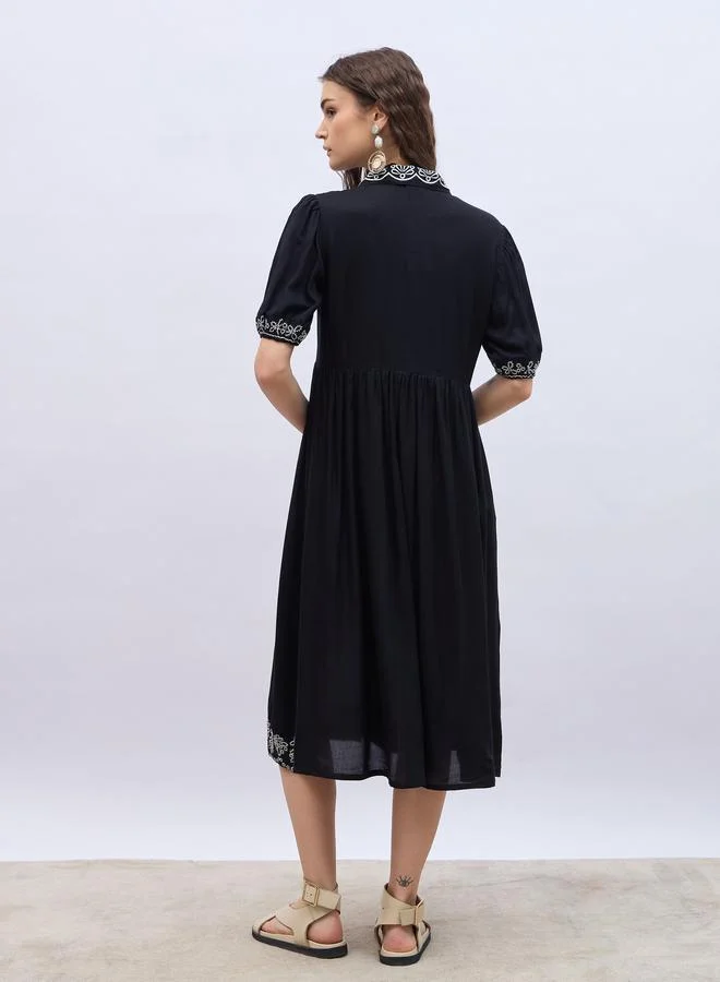 Styli Styli Embroidered V Neck Puff Sleeves A-Line Midi Dress