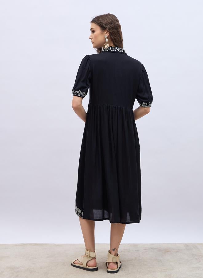 Styli Embroidered V Neck Puff Sleeves A-Line Midi Dress - Image 5