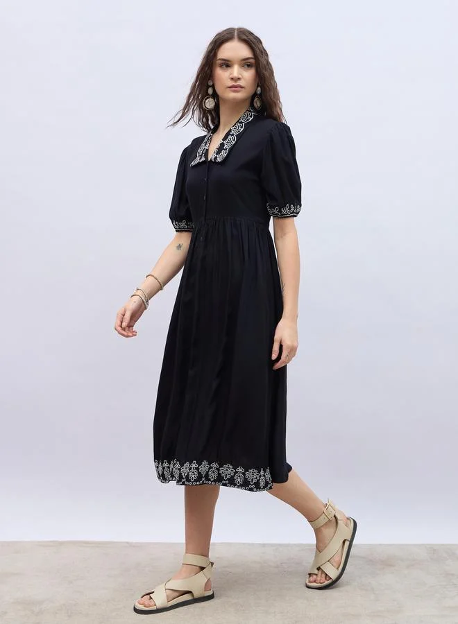 Styli Styli Embroidered V Neck Puff Sleeves A-Line Midi Dress