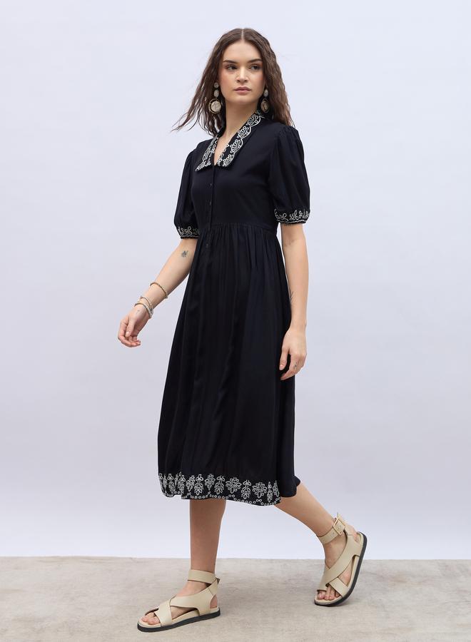 Styli Embroidered V Neck Puff Sleeves A-Line Midi Dress - Image 3