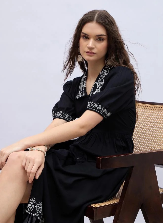 Styli Styli Embroidered V Neck Puff Sleeves A-Line Midi Dress