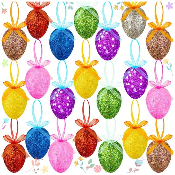 HAPPY EASTER HANGING EGGS FOR TREE 24PCS COLORFUL FOAM EGGS SHINY EASTER HANGING ORNAMENT IN 8 COLORS FOR EASTER PARTY HOME SPRING TREE DECORATION