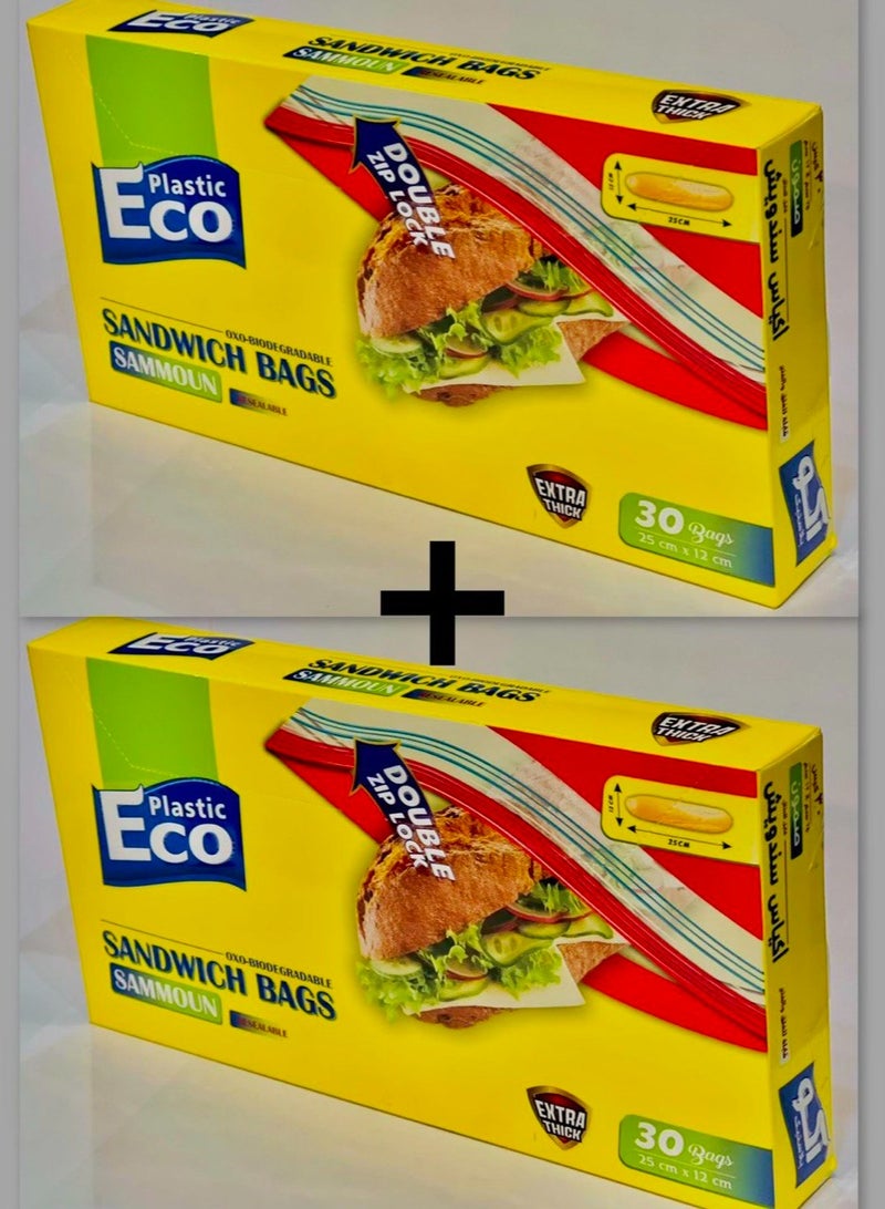 ECO Plastic 2 PACK OF ECO plastic Zipper Sandwich Bags 30 Bags Size 25x12cm Double Zip Lock Extra Thick  - Image 1