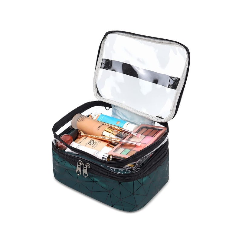 PORMONO 2Layer Travel Makeup Bag Set Clear Cosmetic Organiser with Geometric Pattern Double Zipper Storage Cases Green and Transparent - Image 3