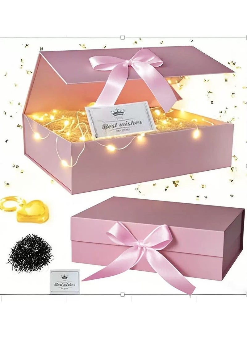 Gift Box Gift Packing with Card, Raffia, and String Lights for New Year Wedding Eid Birthday Father's Day Presents Display and Packing Size 26 * 19 * 8cm Pink - Image 1