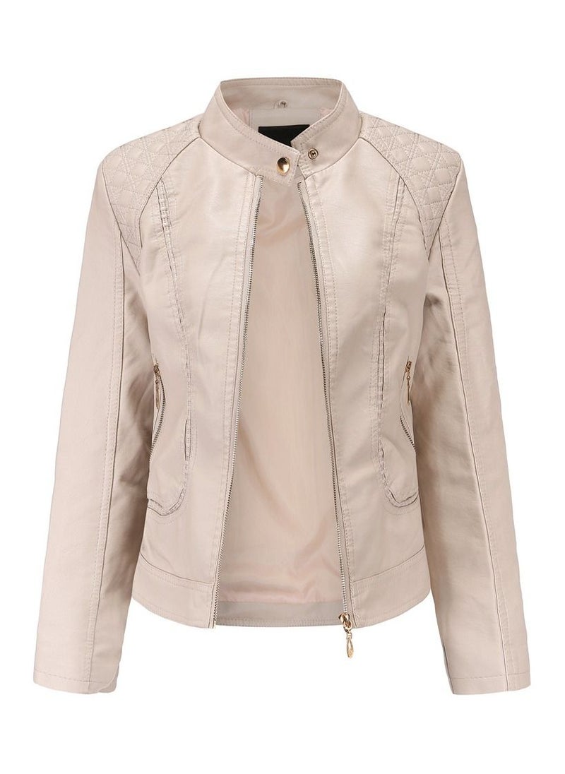 Women's Leather Jacket With Standing Collar PU Leather Jacket Beige - pzsku/ZE2DA1415F7CDE4D48CF2Z/45/_/1691895015/23f5217c-ded9-4d6b-893d-d2a160b03b7c