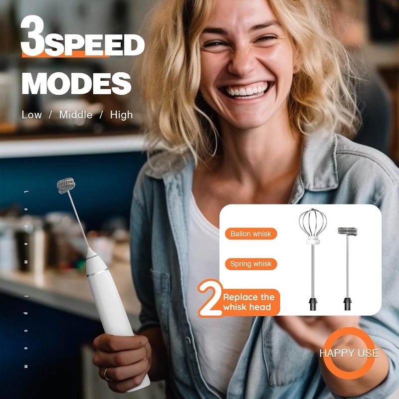 Laposso Milk Frother Rechargeable Handheld Electric Whisk Coffee Frother Mixer with 2 Stainless whisks 3 Speed Adjustable Foam Maker Blender for Coffee Matcha Latte Cappuccino Hot Chocolate(White) - Image 3