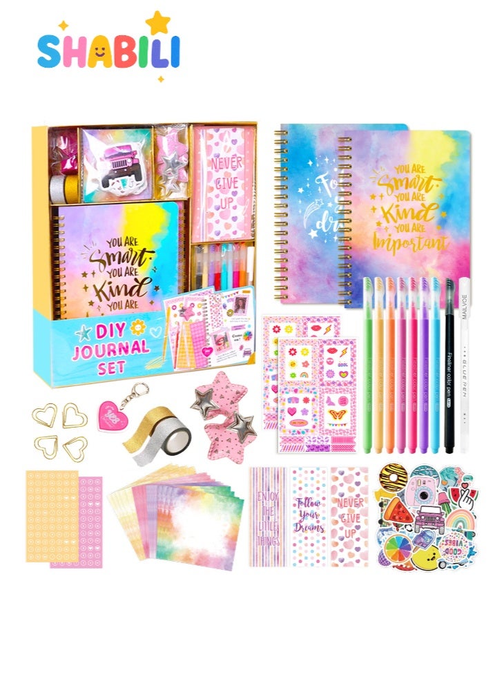 SHABILI DIY Paper Journal Kit for Girls Kids Children, Scrapbook Diary with 2 Notebooks 100 Sheets, Stickers Pens Glitter Tape, Creative Birthday Gift for Writing Drawing and Scrapbooking (Multicolor) - Image 1
