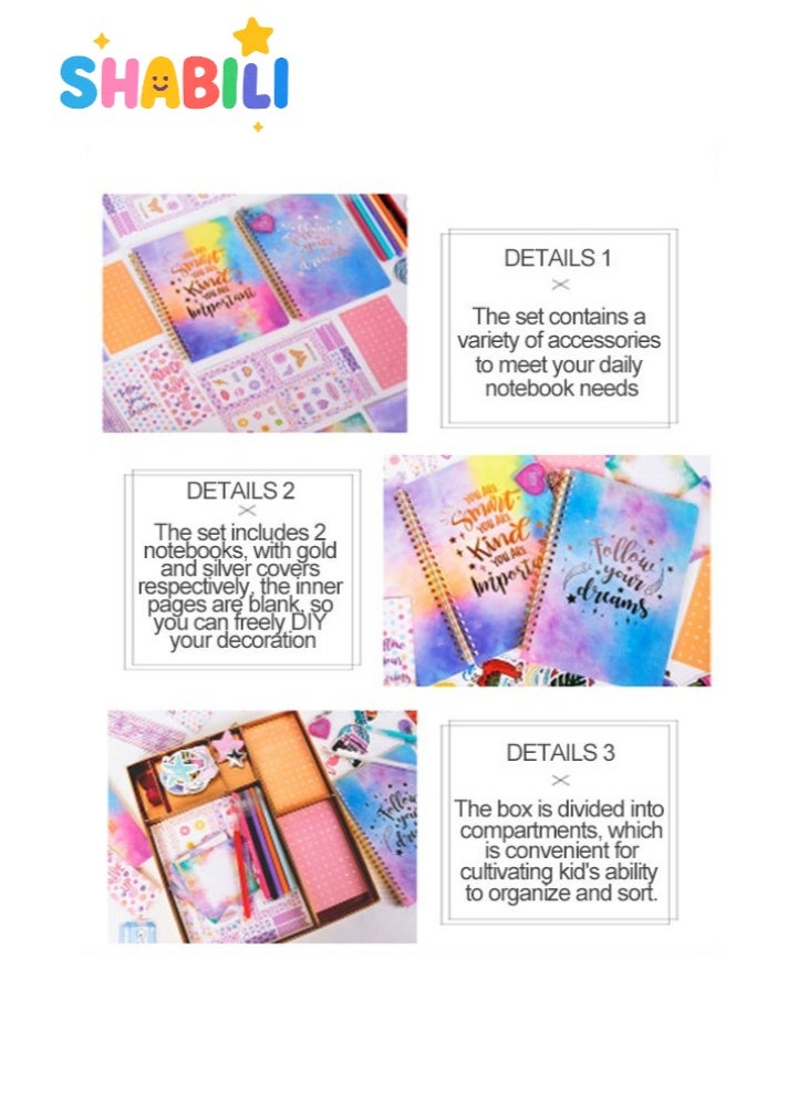 SHABILI DIY Paper Journal Kit for Girls Kids Children, Scrapbook Diary with 2 Notebooks 100 Sheets, Stickers Pens Glitter Tape, Creative Birthday Gift for Writing Drawing and Scrapbooking (Multicolor) - Image 3