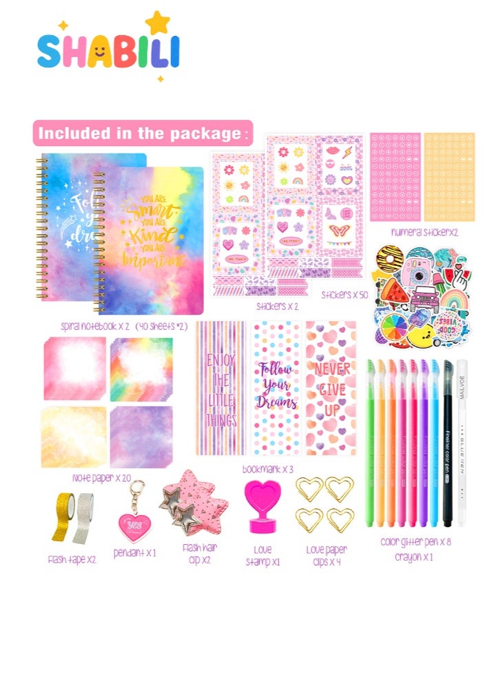 SHABILI DIY Paper Journal Kit for Girls Kids Children, Scrapbook Diary with 2 Notebooks 100 Sheets, Stickers Pens Glitter Tape, Creative Birthday Gift for Writing Drawing and Scrapbooking (Multicolor) - Image 5
