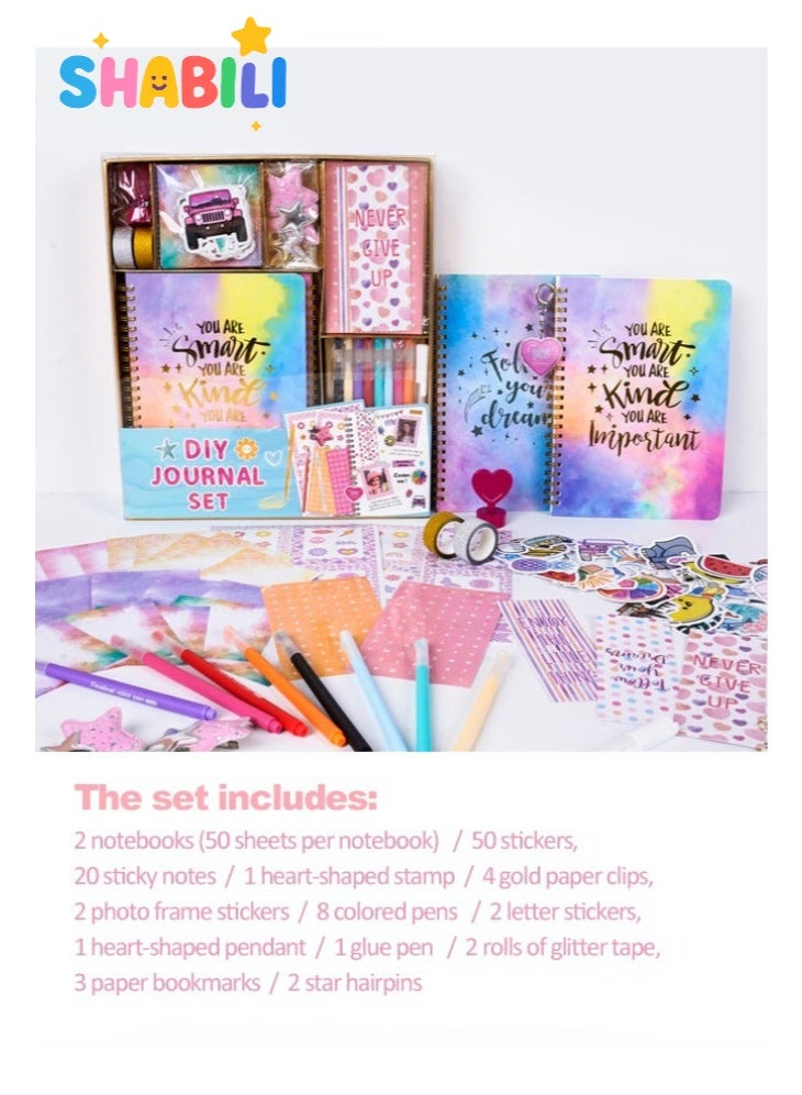 SHABILI DIY Paper Journal Kit for Girls Kids Children, Scrapbook Diary with 2 Notebooks 100 Sheets, Stickers Pens Glitter Tape, Creative Birthday Gift for Writing Drawing and Scrapbooking (Multicolor) - Image 4