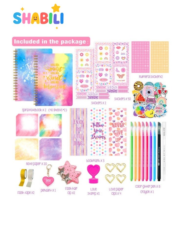 SHABILI DIY Paper Journal Kit for Girls Kids Children, Scrapbook Diary with 2 Notebooks 100 Sheets, Stickers Pens Glitter Tape, Creative Birthday Gift for Writing Drawing and Scrapbooking (Multicolor) - Image 2