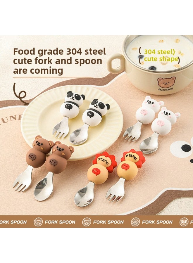 Children's Creative Fork Spoon 304 Stainless Steel Short Handle Cartoon Tableware Household Baby Dining Portable Tableware Suit-Specifications:No Specifications-Color:Bear Dada Lion Fruit Fork Storage Box - Image 2