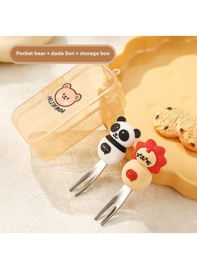 Children's Creative Fork Spoon 304 Stainless Steel Short Handle Cartoon Tableware Household Baby Dining Portable Tableware Suit-Specifications:No Specifications-Color:Bear Dada Lion Fruit Fork Storage Box - Image 1