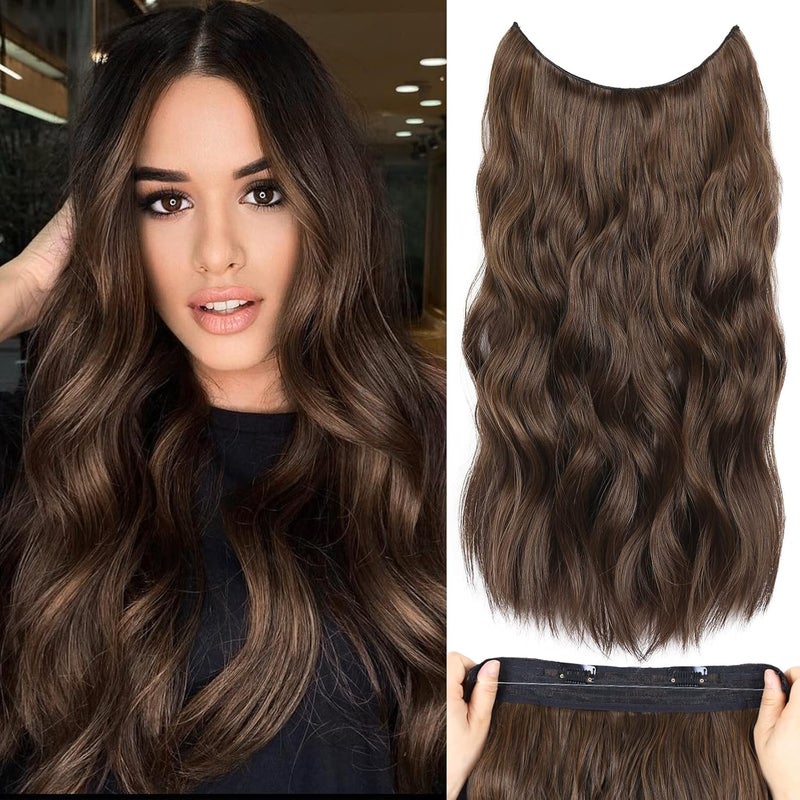 Invisible Wire Hair Extensions with Adjustable Transparent Wire 20 Inch Synthetic Long Hair Pieces for Women Color Dark Brown Mixed Chestnut Brown