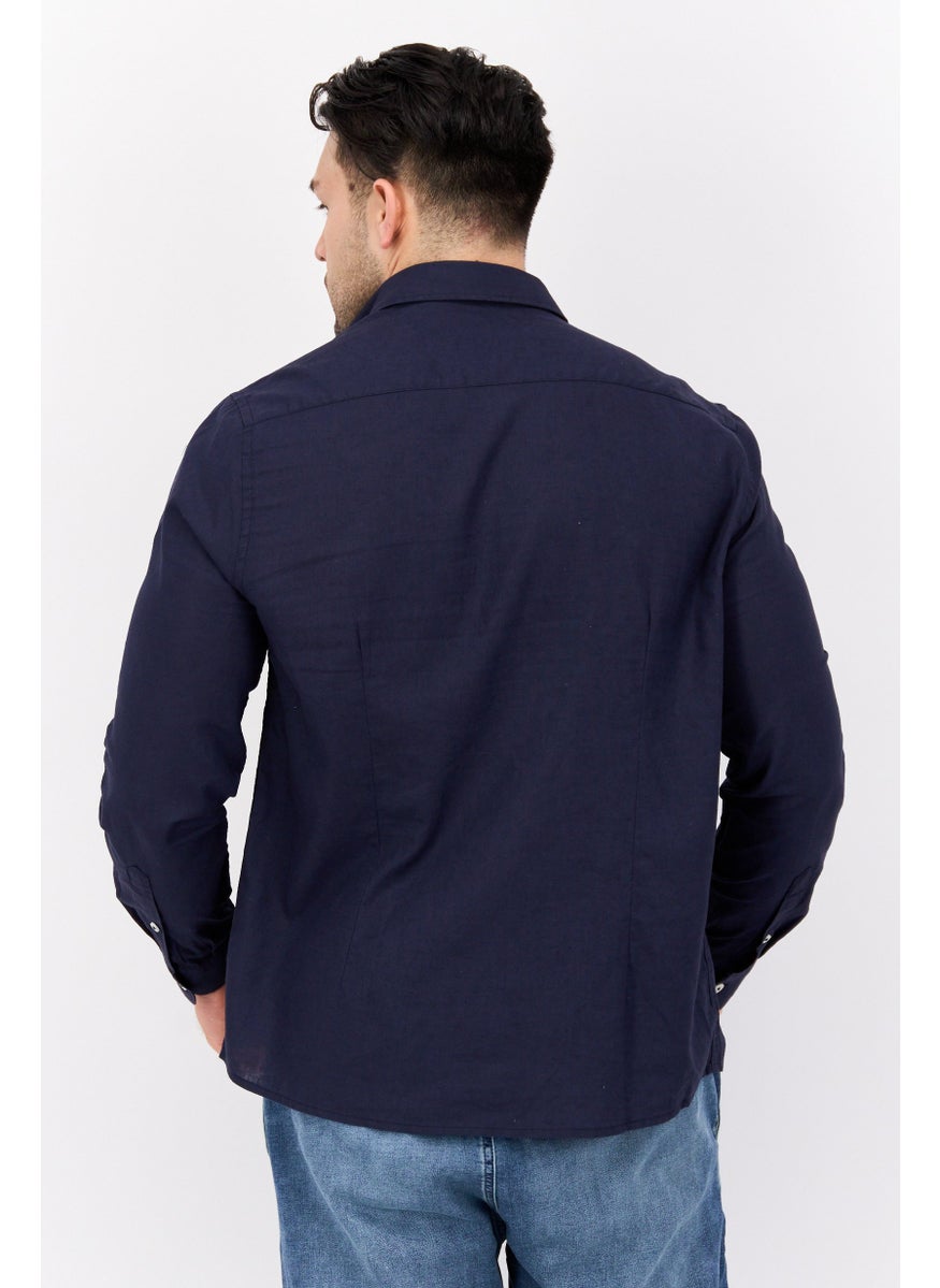 Gazzarrini Men Regular Fit Solid Long Sleeves Casual Shirt, Navy Blue  - Image 3