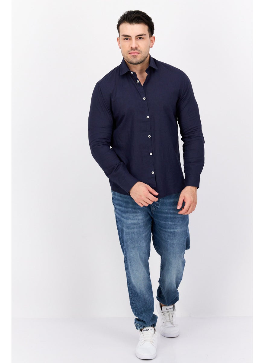 Gazzarrini Men Regular Fit Solid Long Sleeves Casual Shirt, Navy Blue  - Image 4