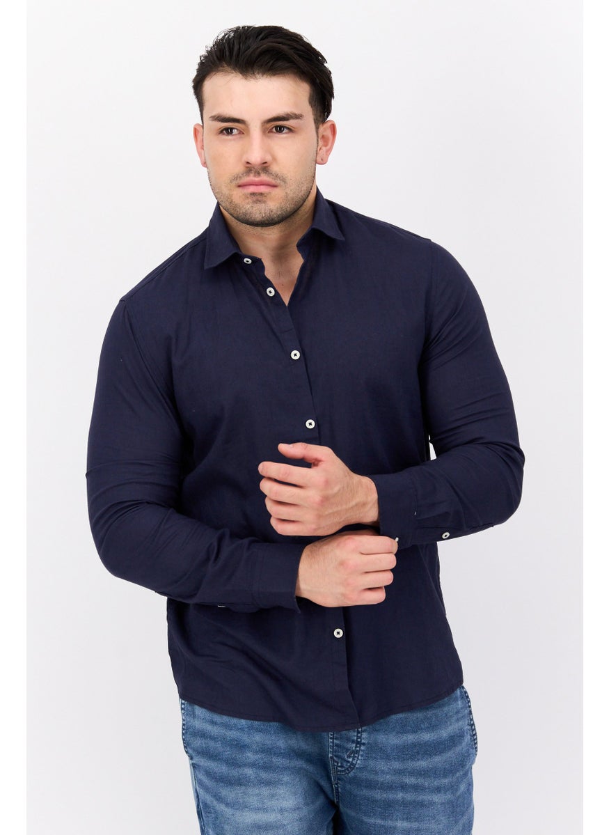 Gazzarrini Men Regular Fit Solid Long Sleeves Casual Shirt, Navy Blue  - Image 1