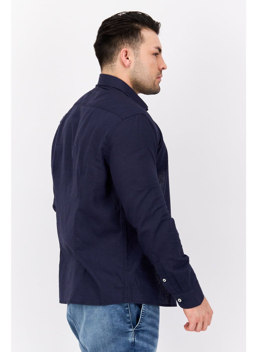 Gazzarrini Men Regular Fit Solid Long Sleeves Casual Shirt, Navy Blue  - Image 2