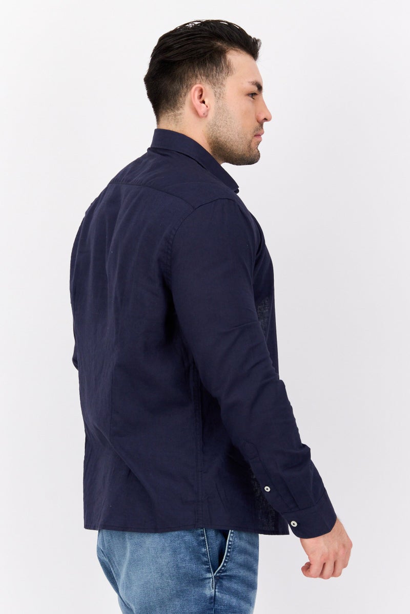 Gazzarrini Men Regular Fit Solid Long Sleeves Casual Shirt, Navy Blue - Image 2