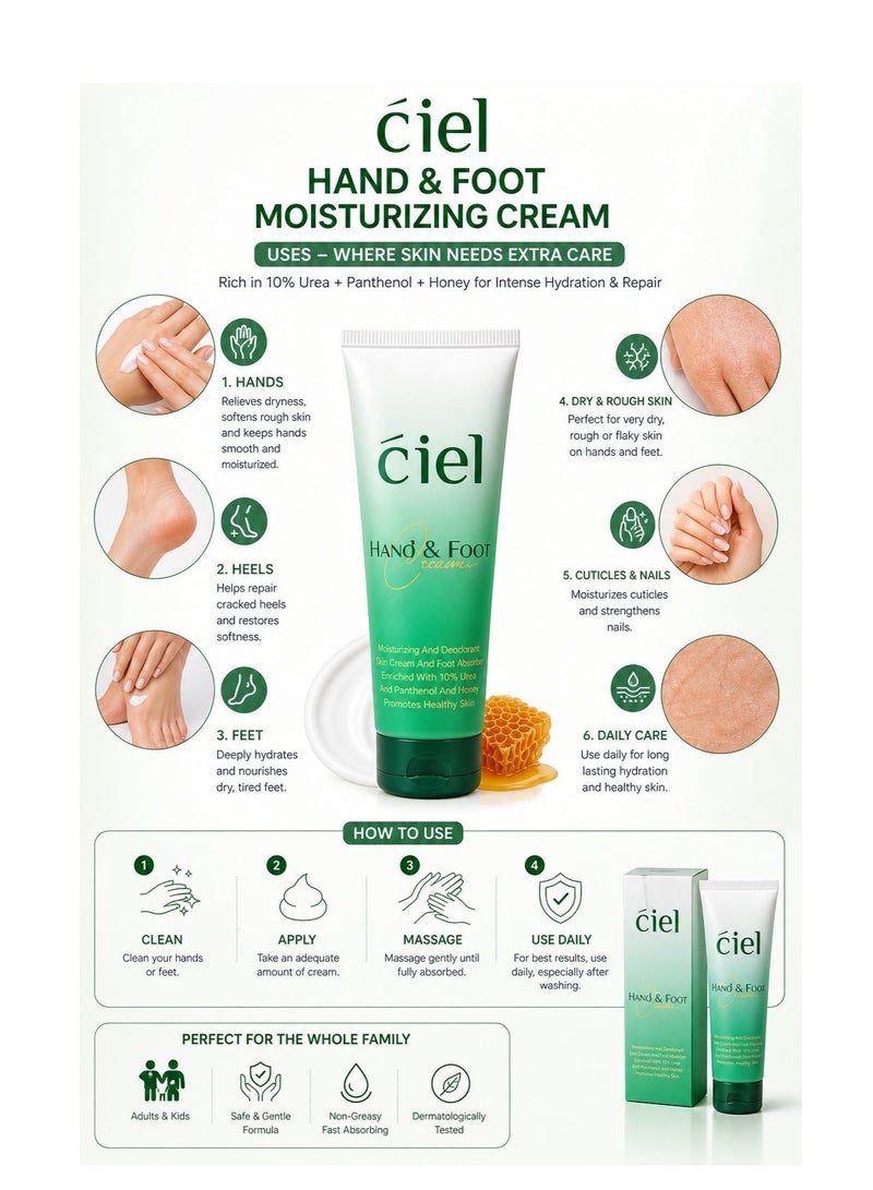 Ciel Hand and Foot Moisturizing Cream with 10 Percent Urea for Dry Cracked Skin Repair and Deep Hydration with Panthenol and Honey - Image 2