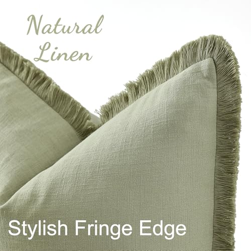 decorUhome Summer Decorative Neutral Linen Fringe Throw Pillow Covers Set of 2 Sage Green Pillow Covers with Tassels Soft Farmhouse Boho Accent Pillow Cases for Couch Bed Sofa 18x18 Inch - Image 3