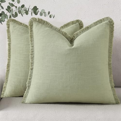 decorUhome Summer Decorative Neutral Linen Fringe Throw Pillow Covers Set of 2 Sage Green Pillow Covers with Tassels Soft Farmhouse Boho Accent Pillow Cases for Couch Bed Sofa 18x18 Inch - Image 1