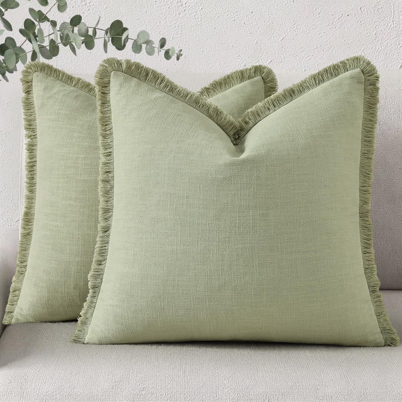 decorUhome Summer Decorative Neutral Linen Fringe Throw Pillow Covers Set of 2 Sage Green Pillow Covers with Tassels Soft Farmhouse Boho Accent Pillow Cases for Couch Bed Sofa 18x18 Inch - Image 2