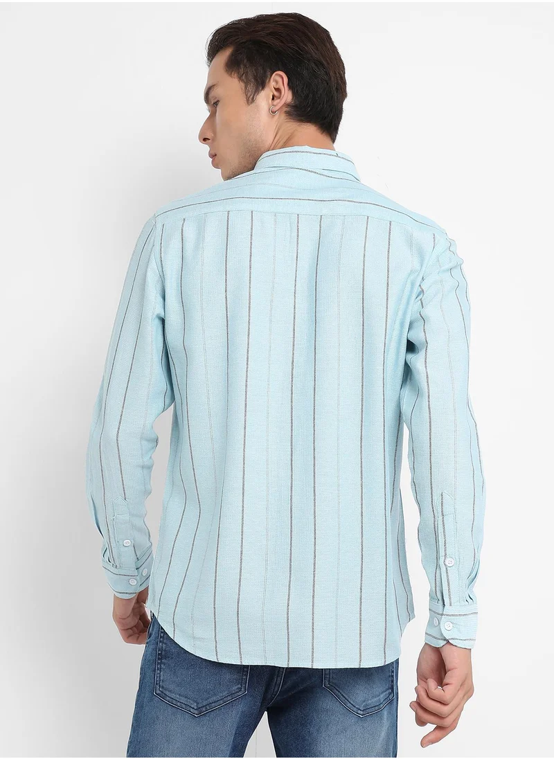 Campus Sutra Men's Light Blue Contrast Pinstriped Shirt