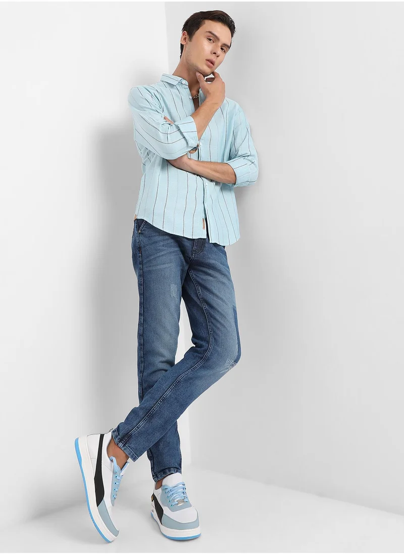 Campus Sutra Men's Light Blue Contrast Pinstriped Shirt