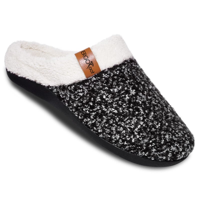 ERGOfoot Orthopedic Slippers with Arch Support, Slip-On Knit Soft Sherpa Lining House Slipper, Plantar Fasciitis Relief, Orthotic House Shoes with Indoor Outdoor Anti-Skid Rubber Sole/Black - Image 1