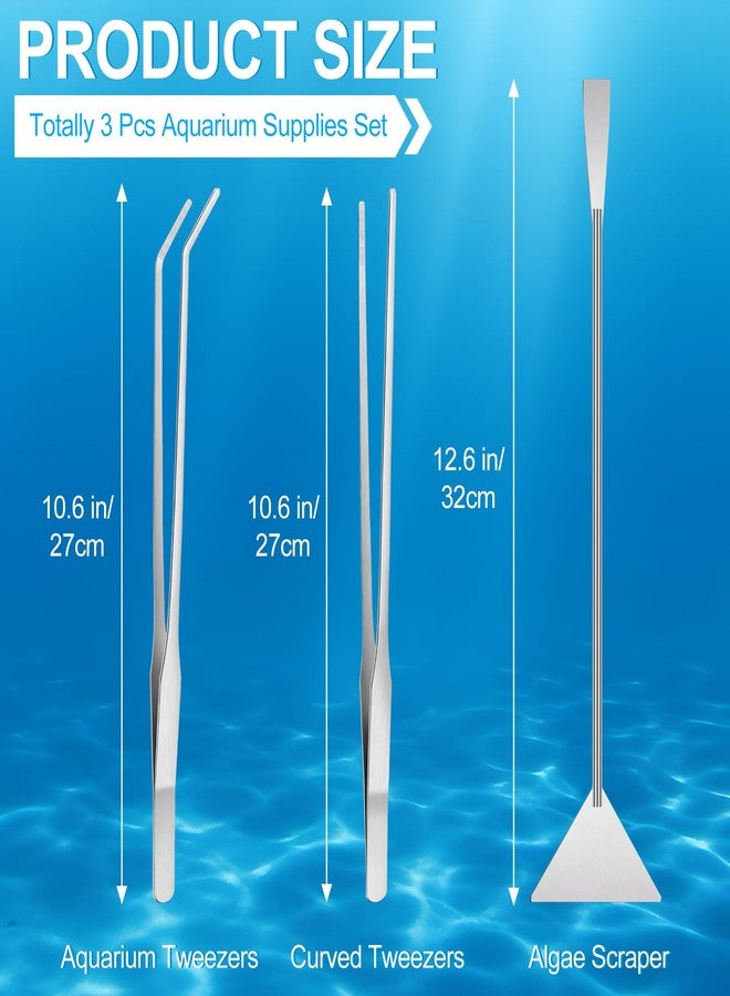Oligei Terrarium Supplies 3 PCS, Stainless Steel Aquarium Supplies Set, Include Long Aquarium Tweezers, Curved Tweezers, Algae Scraper for Fish Tank Cleaning Plant Trimming - Image 2