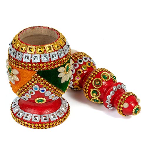 Fine Craft India Wooden Handmade Round Sindoor Box with Meena Work Refillable Case Multicolour H 19 W 6 L 5 cm (Set of Different Designs) (RED09) - Image 4