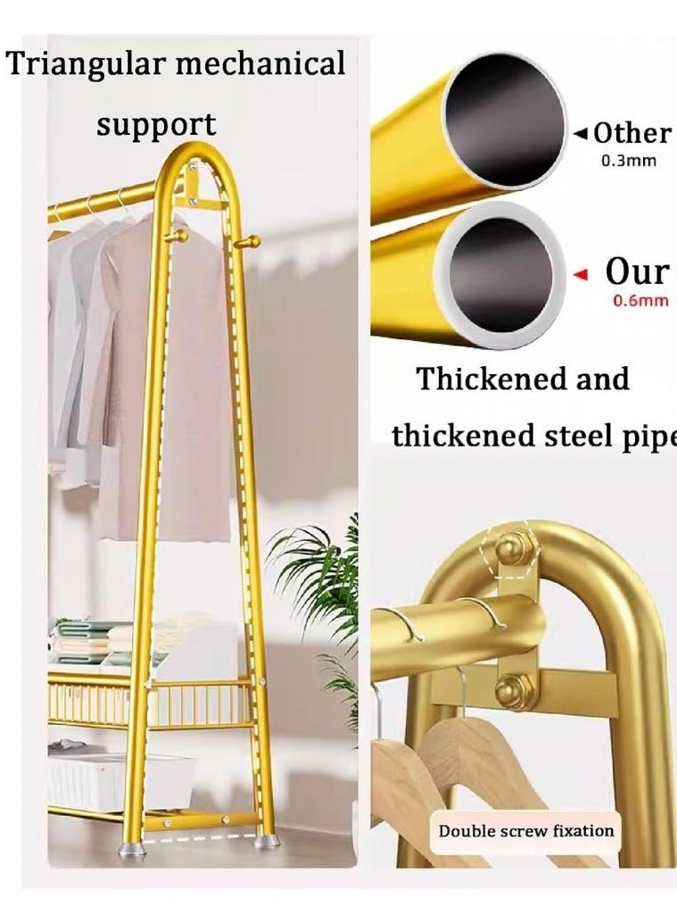 AIWANTO 150CM Freestanding Metal Clothes Rack with 2-Tier Open Shoe Shelf, Storage Basket & 4 Side Hooks – Premium Space-Saving Wardrobe Organizer for Clothes, Bags & Accessories (Gold, 170×150×40cm)  - Image 5