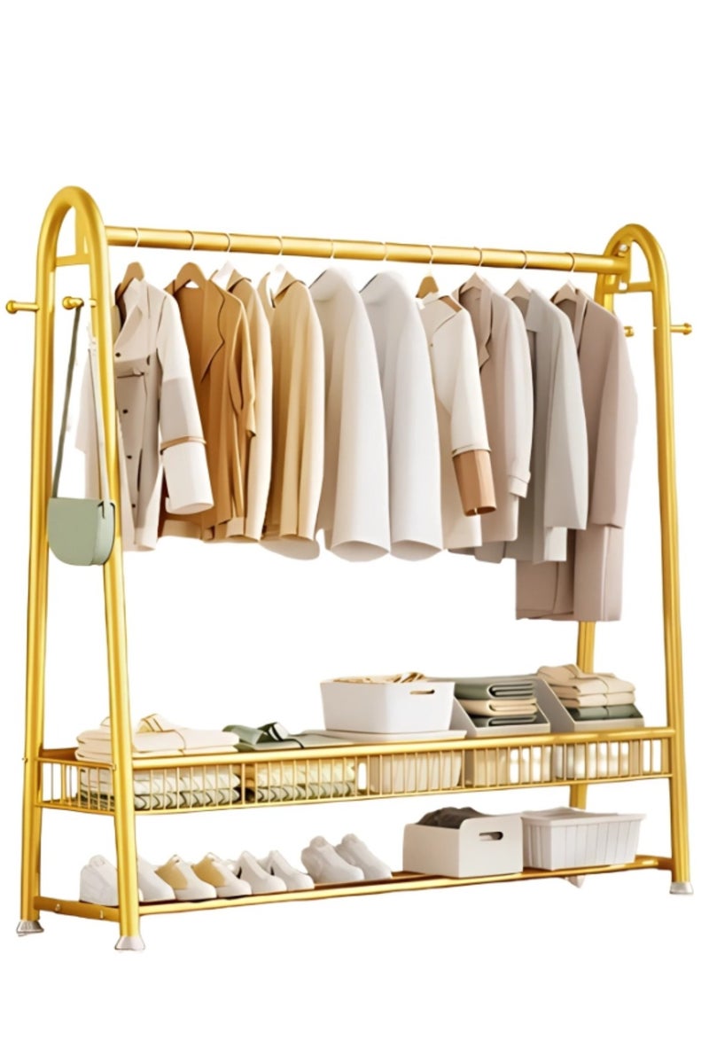 AIWANTO 150CM Freestanding Metal Clothes Rack with 2-Tier Open Shoe Shelf, Storage Basket & 4 Side Hooks – Premium Space-Saving Wardrobe Organizer for Clothes, Bags & Accessories (Gold, 170×150×40cm)  - Image 2