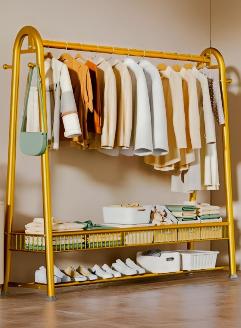 AIWANTO 150CM Freestanding Metal Clothes Rack with 2-Tier Open Shoe Shelf, Storage Basket & 4 Side Hooks – Premium Space-Saving Wardrobe Organizer for Clothes, Bags & Accessories (Gold, 170×150×40cm)  - Image 1