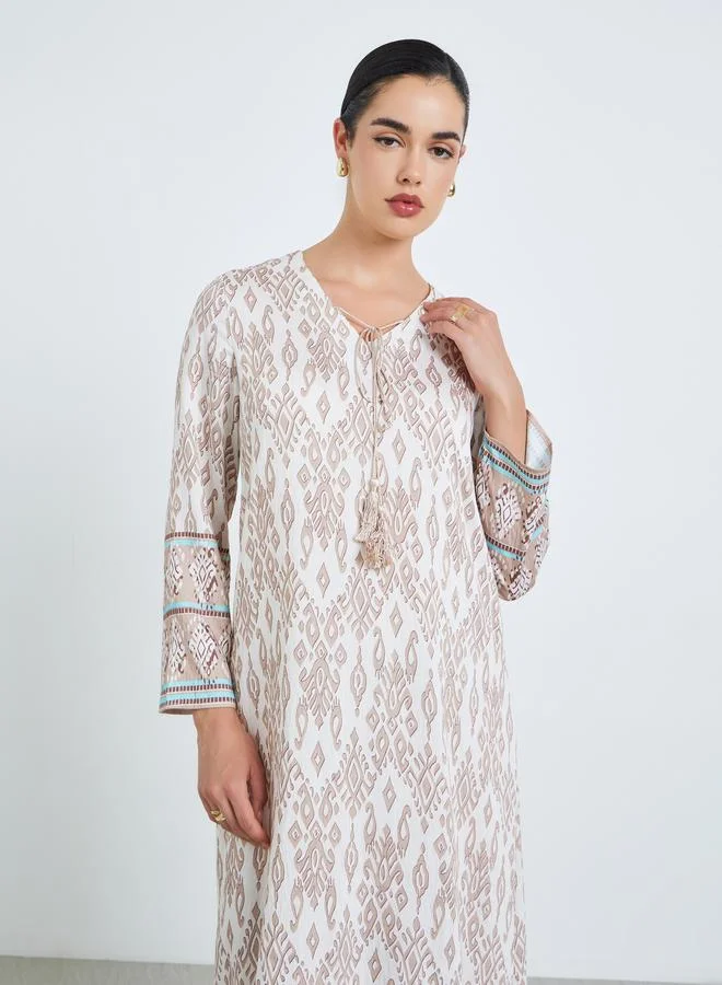 Amirah Women Beige All-Over Print A-Line Jalabiya