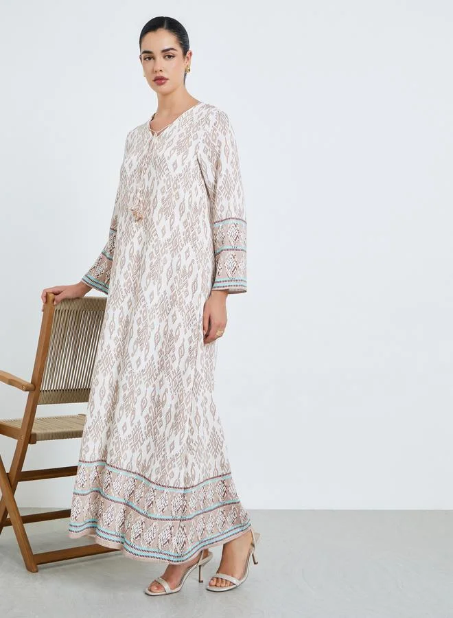 Amirah Women Beige All-Over Print A-Line Jalabiya