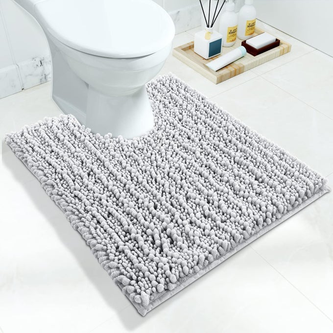 TOILET RUGS U SHAPED 24X20 SOFT COMFORTABLE ABSORBENT CHENILLE TOILET MAT FOR BATHROOM FLOOR NONSLIP CONTOUR BATHROOM RUGS FOR TOILET DRY QUICKLY MACHINE WASHABLE SILVER