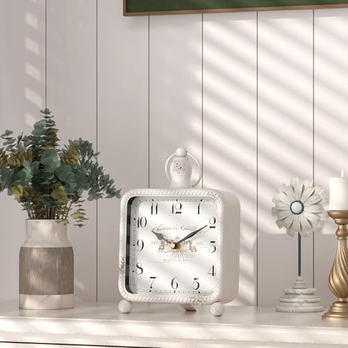 ChimeTide Vintage White Table Clock on Stand, Desk and Shelf Decor Clock, French Rustic Style Mantel Clocks for Farmhouse, Living Room, Bedroom, Bedside, Gift (8.5" H x 5.5" W) - Image 3