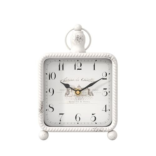 ChimeTide Vintage White Table Clock on Stand, Desk and Shelf Decor Clock, French Rustic Style Mantel Clocks for Farmhouse, Living Room, Bedroom, Bedside, Gift (8.5" H x 5.5" W) - Image 1