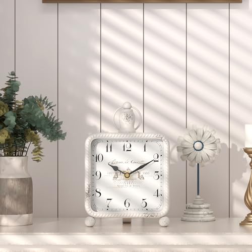 ChimeTide Vintage White Table Clock on Stand, Desk and Shelf Decor Clock, French Rustic Style Mantel Clocks for Farmhouse, Living Room, Bedroom, Bedside, Gift (8.5" H x 5.5" W) - Image 4