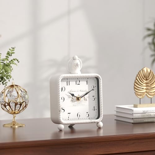 ChimeTide Vintage White Table Clock on Stand, Desk and Shelf Decor Clock, French Rustic Style Mantel Clocks for Farmhouse, Living Room, Bedroom, Bedside, Gift (8.5" H x 5.5" W) - Image 5