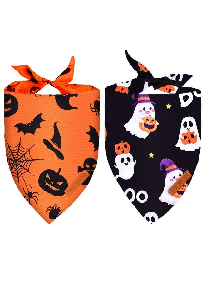 Kreyfer 2 Pieces Halloween Dog Bandanas, Double-Sided Reversible Triangle Scarf, Cute Ghost and Pumpkin Design, Spooky Cat and Spider Pattern, Halloween Pet Costume Accessories for Dogs and Cats (Medium) - Image 1