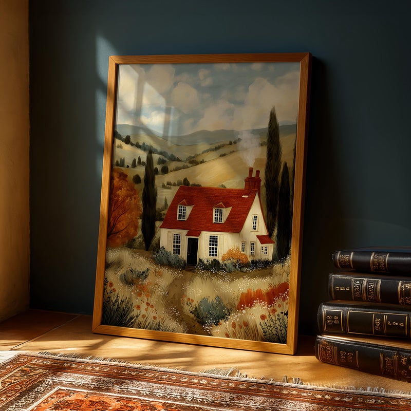 TNESSENTIAL Autumn Cottage Wall Art Print, Cottagecore Farmhouse Landscape Poster, Cozy Fall Home Decor, Country House Painting for Living Room - Image 1