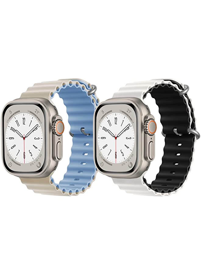 IAF Silicone Ocean Band Strap for Apple Watch Ultra 8 49mm Beige/Sky Blue Double Side Strap with White/Black Double Side Strap Set of 2