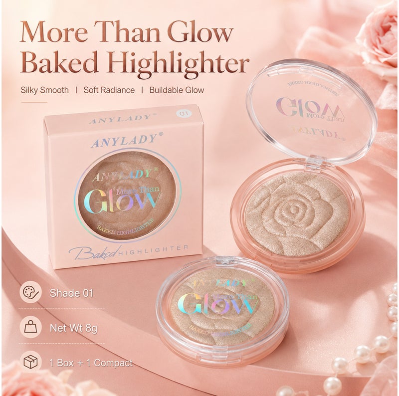 Me Now Baked Highlighter Powder More Than Glow Rose Embossed Face Illuminator, Fine Shimmer Compact Champagne Glow 01 - Image 2