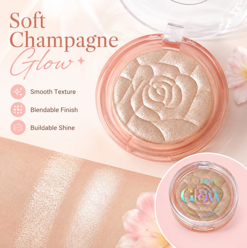 Me Now Baked Highlighter Powder More Than Glow Rose Embossed Face Illuminator, Fine Shimmer Compact Champagne Glow 01 - Image 4